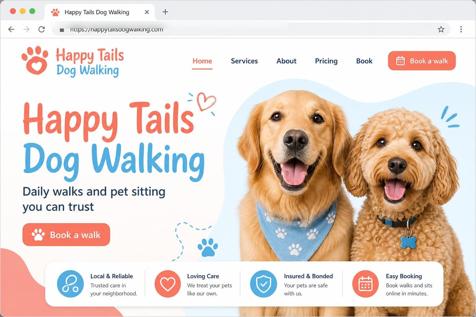 Happy Tails Dog Walking website mockup