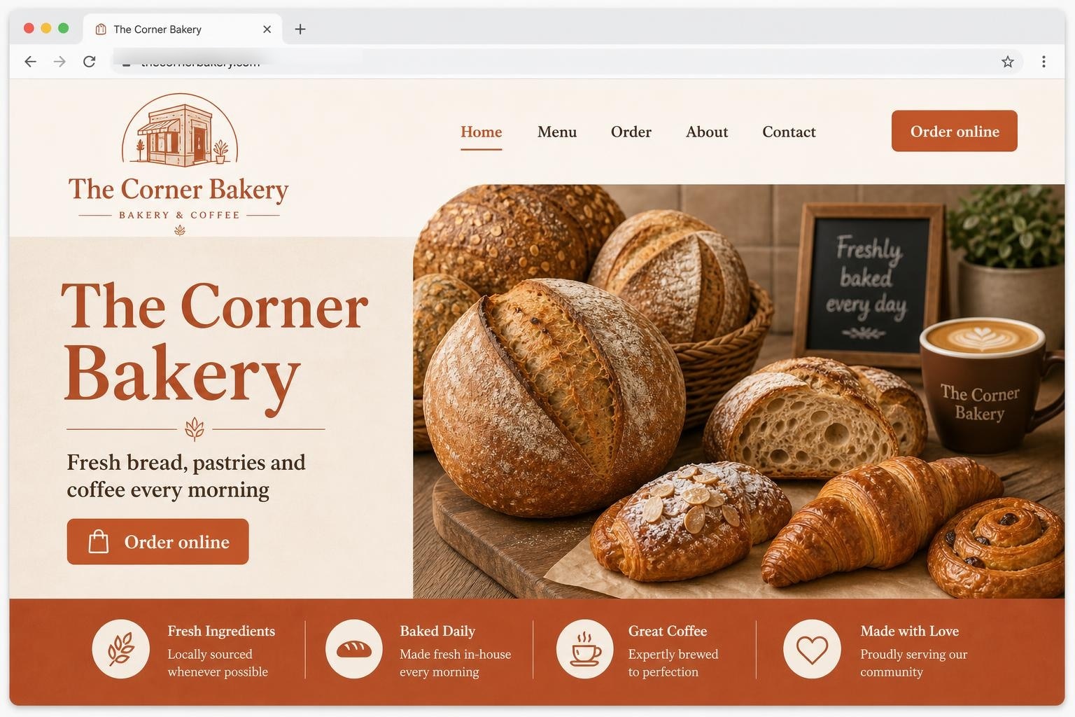 The Corner Bakery website mockup